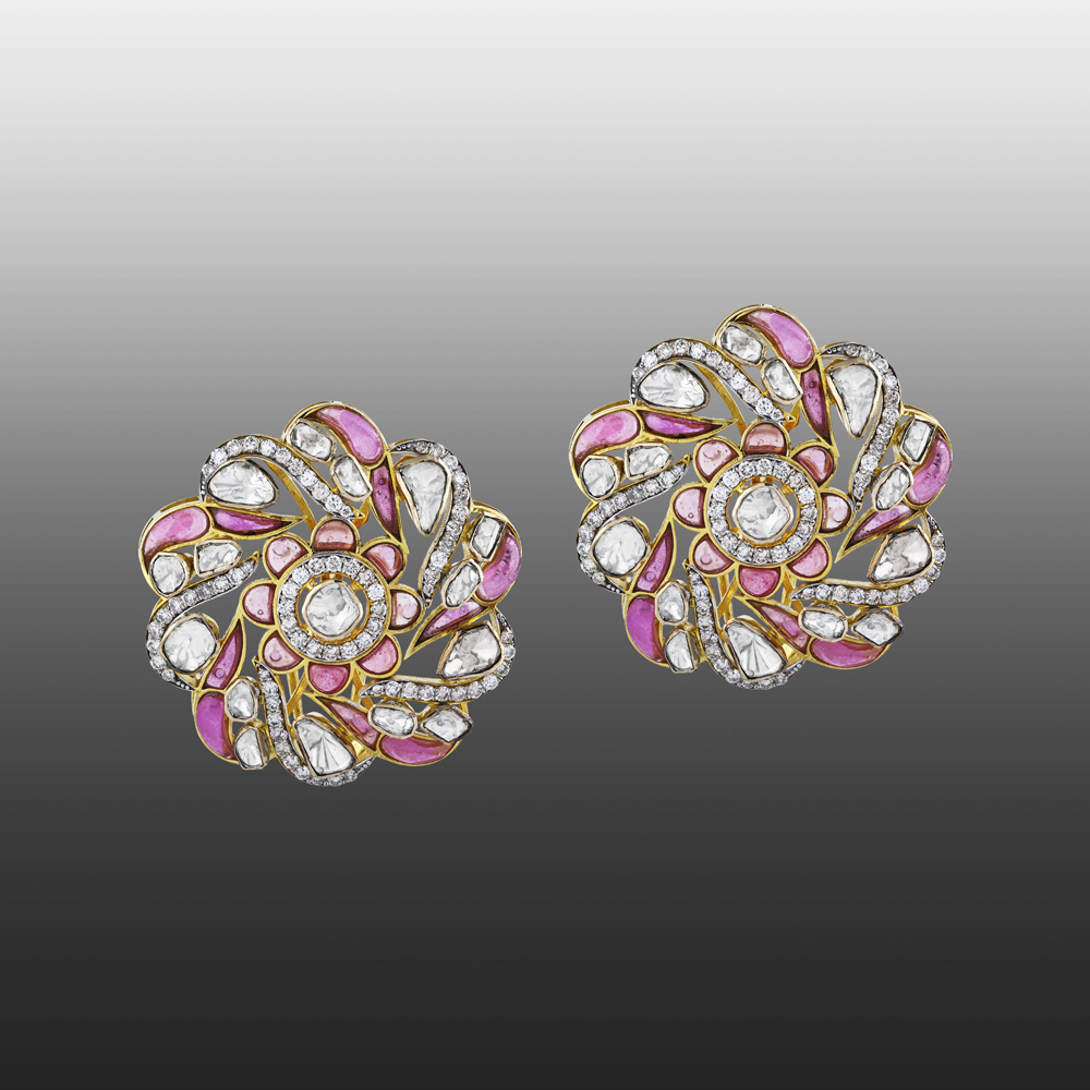 Floral Polki Earrings with Pink Talaf and Swirl Design